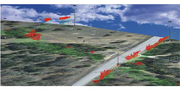 PLS-CADD groups the individual LiDAR vegetation into work sites as indicated by the red polygons.